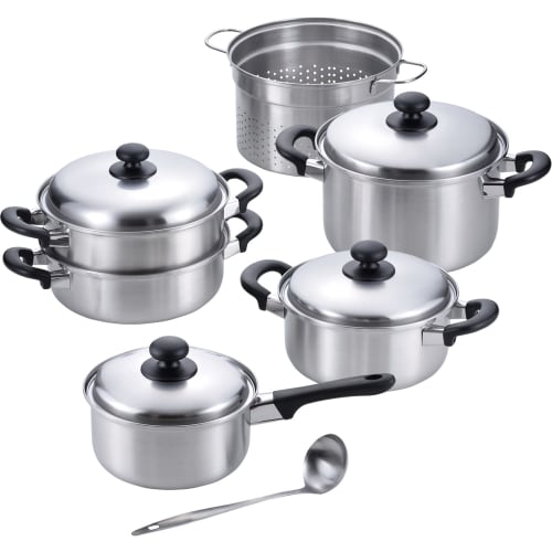 Wahei Freiz Tsubame-Sanjo EM-025: 18cm Saucepan, 20cm Saucepan, 22cm Pasta Pot, 24cm Double-Tier Steamer, and Ladle Included, Induction and Gas Compat