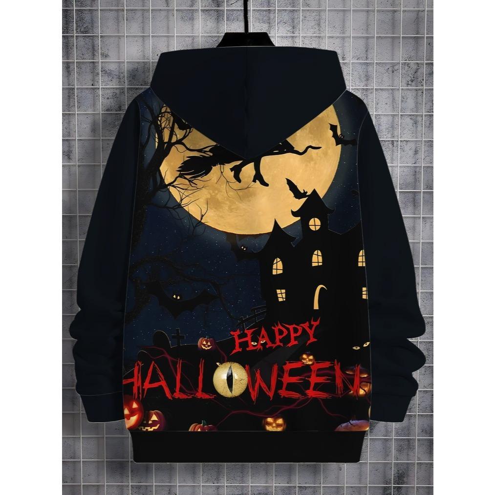 Boy Halloween Hoodie - Ghost Castle, Bat and Full Moon Pattern - "Happy Halloween" Text Halloween Gift