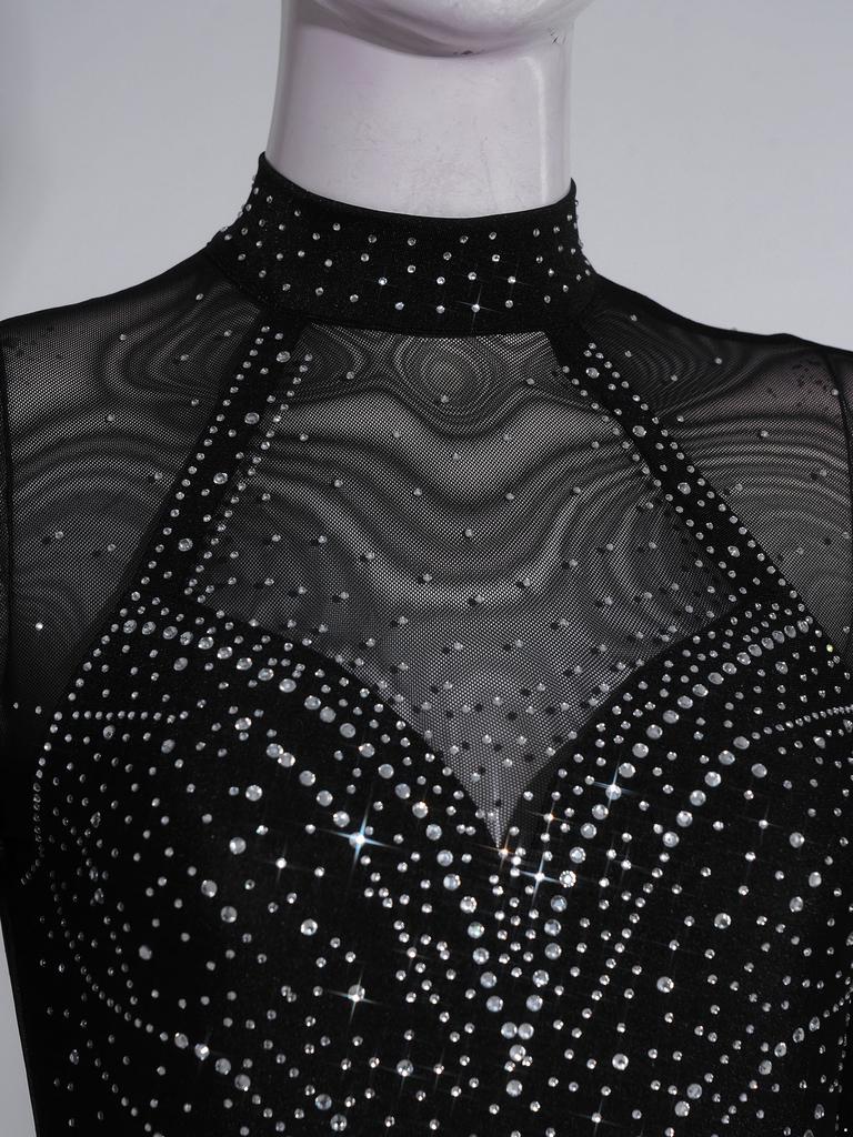 Ladies Ice Skating Dancewear Rhinestone Embellished Long Sleeve Backless Leotard with Tiered Tulle Ruffled Skirt Jumpsuit for Competition