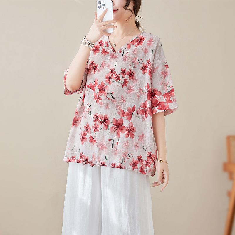 

Весна Лето Художественный Принт Пуловер С Коротким Рукавом Хлопок Лен Топ Женская Свободная Футболка с V-образным Вырезом one size розовый