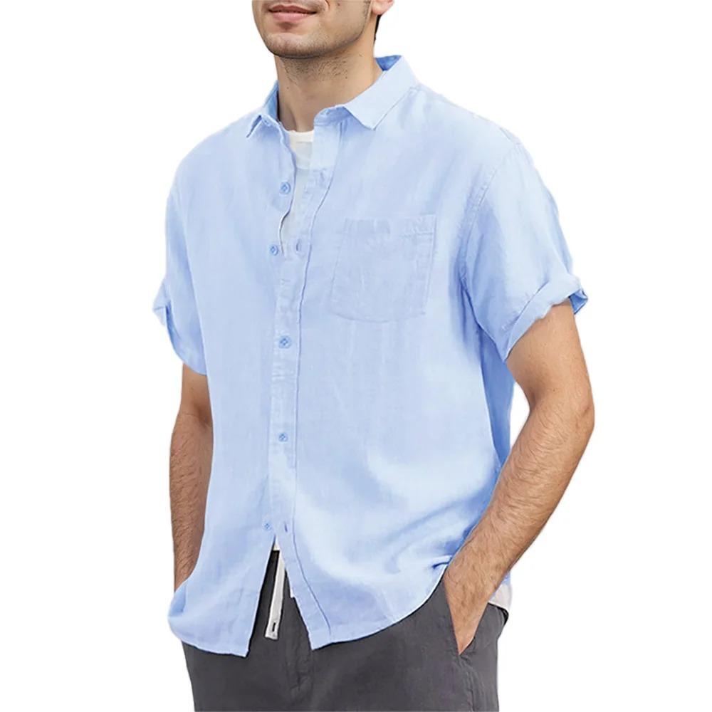 Sommer Neues Herren Umlegekragenhemd Einfarbig Baumwolle Leinen Leicht Atmungsaktiv Lässige Kurzarmhemden