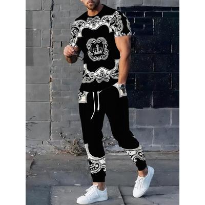 Men'S Casual Short-Sleeve Long Pants Set - 3D Printed Geometric Contrast Design, Polyester Material