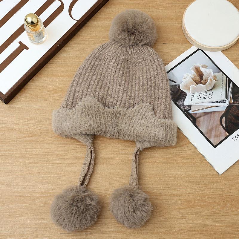 New Fleece Warm Knitted Hat Autumn and Winter Thickened Pullover Ear Protector Wool Fleece Hat Women's Hairball Hat