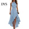 Pleated Dress Women Cocktail Party Dress, Halter Sleeveless Flowy Long Ruffled Irregular High Low Wedding Guest Hem