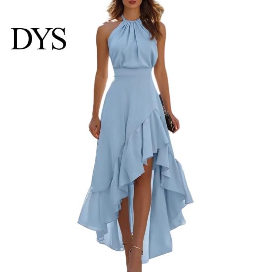 Pleated Dress Women Cocktail Party Dress, Halter Sleeveless Flowy Long Ruffled Irregular High Low Wedding Guest Hem