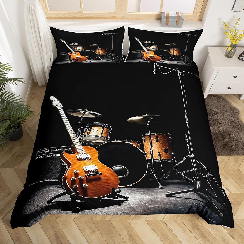 Drum Kit Duvet Cover Sets For Kids Boys Teens Queen Lightweight Quilt Covers Classical Music Bedding Set Room Decor No Comforter