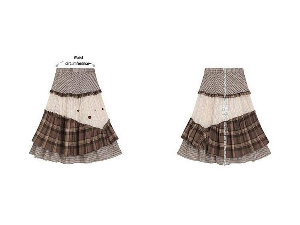 Vintage Forest-Inspired Plaid A-Line Skirt with Artistic Irregular Layers for Women - Autumn/Winter