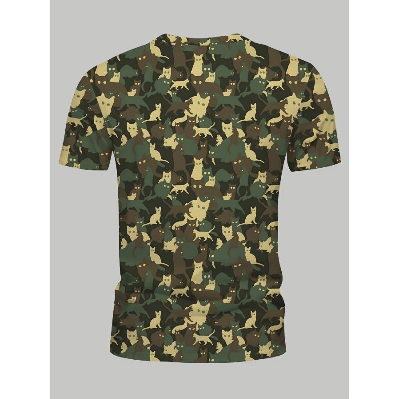 Summer Round Neck  Camouflage Kitten Pattern 3D Print Top Fashionable Casual Short Sleeved Men's T-shirts