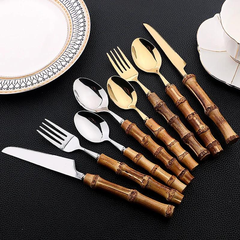 Set di posate da 16 pezzi in acciaio inossidabile con manico in bambù naturale, stoviglie, posate da cucina, include forchette, cucchiai, coltelli, posate da tavola