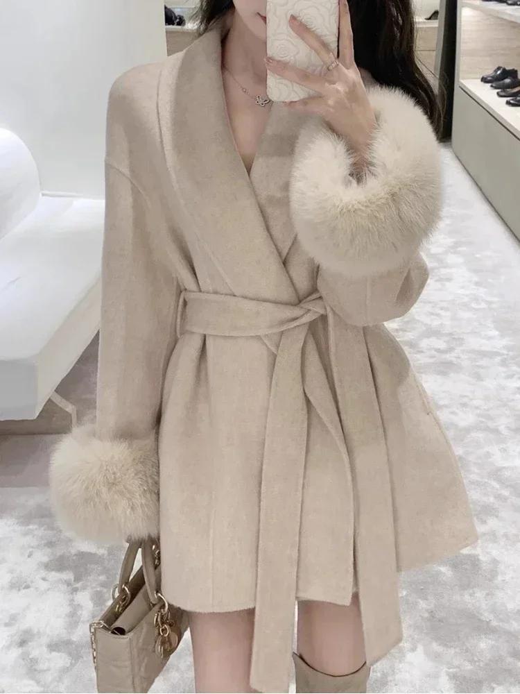 

Зимнее французское винтажное шерстяное пальто для женщин со шнуровкой, элегантное ретро-пальто Harajuku, теплое женское карманное пальто в корейском стиле, повседневные наряды 2024 L бежевый