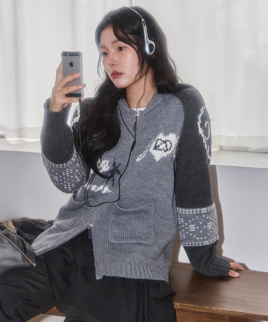 Illigo Angel Ring Cowichan Knit Zip-Up Grey