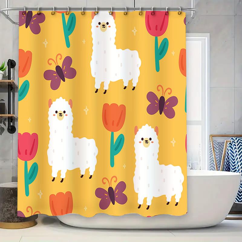 

Whimsical Alpaca Shower Curtain Yellow Floral Decor With Butterflies Tulips Polyester Fabric For Bathroom Decoration Set Home Im W60H190(CM)-1 Pcs