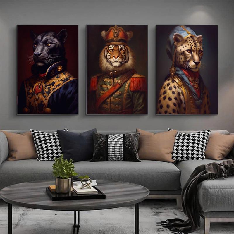 Vintage Lion Swan Zebra Snow Leopard Deer Elephant Animals Wearing Noble Attire Posters Canvas Print Painting for Home Decor
