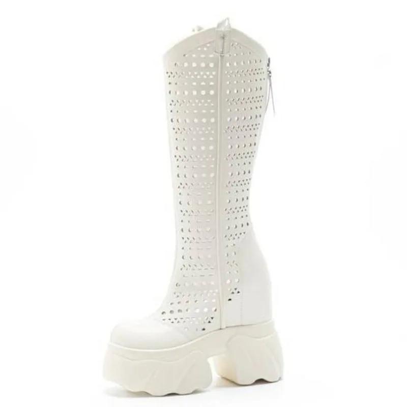 Fashion 12CM Ankle Boots Microfiber Leather Spring Summer Fashion Knee High Booties Platform Wedge Flats Sandals Women Hidden High Shoes