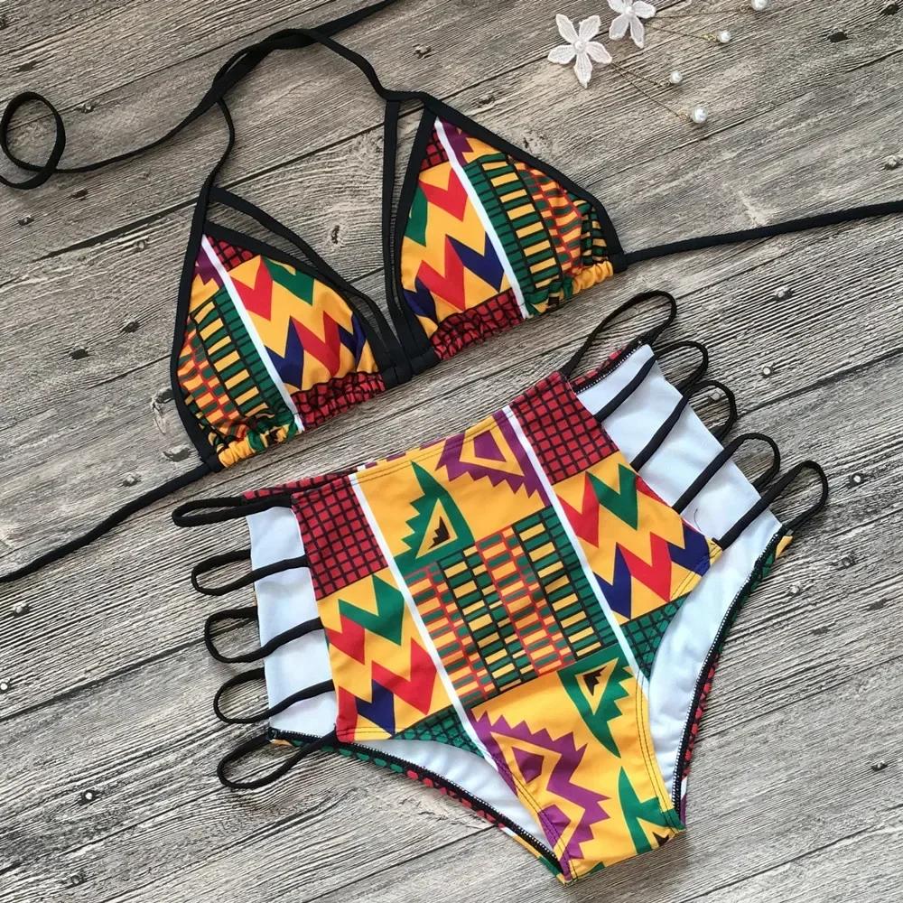 Sexy Bikini Women Swimsuit Swimwear High Waist Multi-rope Hollow Print Bikinis Set Bathing Suit Bikini Brasileno Taille Haute M