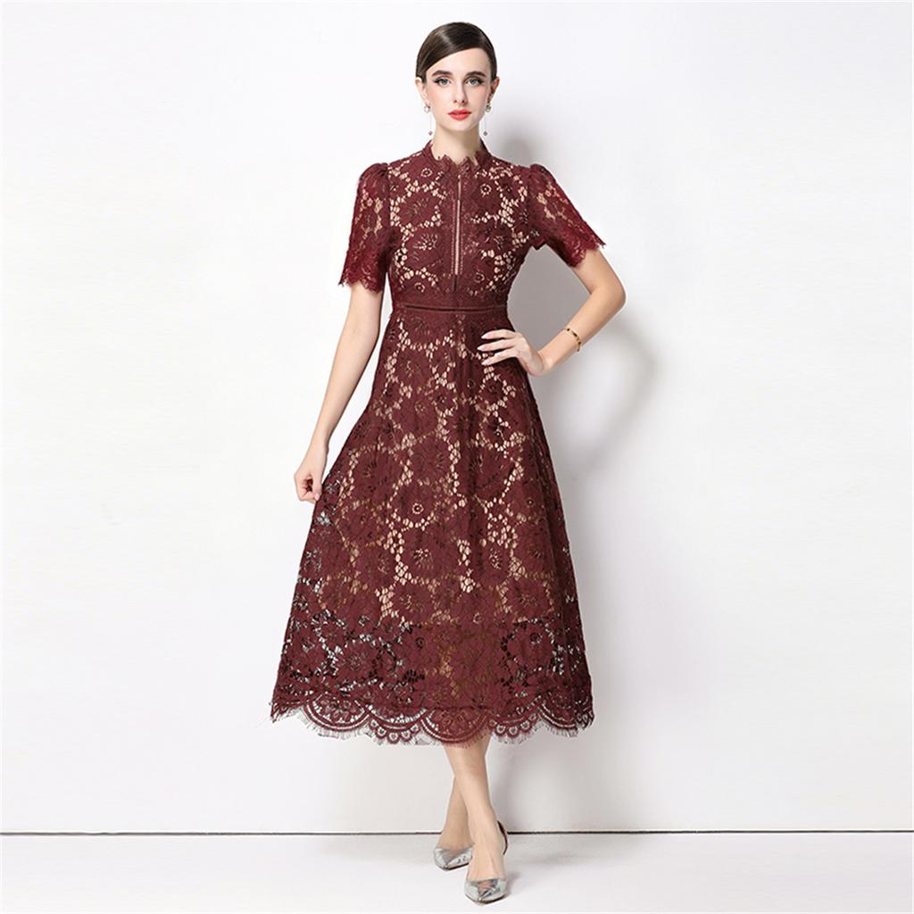 High Quaity Solid Lace Hollow Out Summer Dress for Women Elegant Stand Collar Short Sleeve Slim Midi Dresses