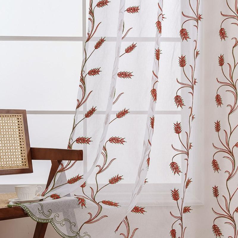 Rod Pocket Design Semi Sheer Curtain Easy Installation Wheat Embroidered Voile Drape Light Filtering for Home Decors