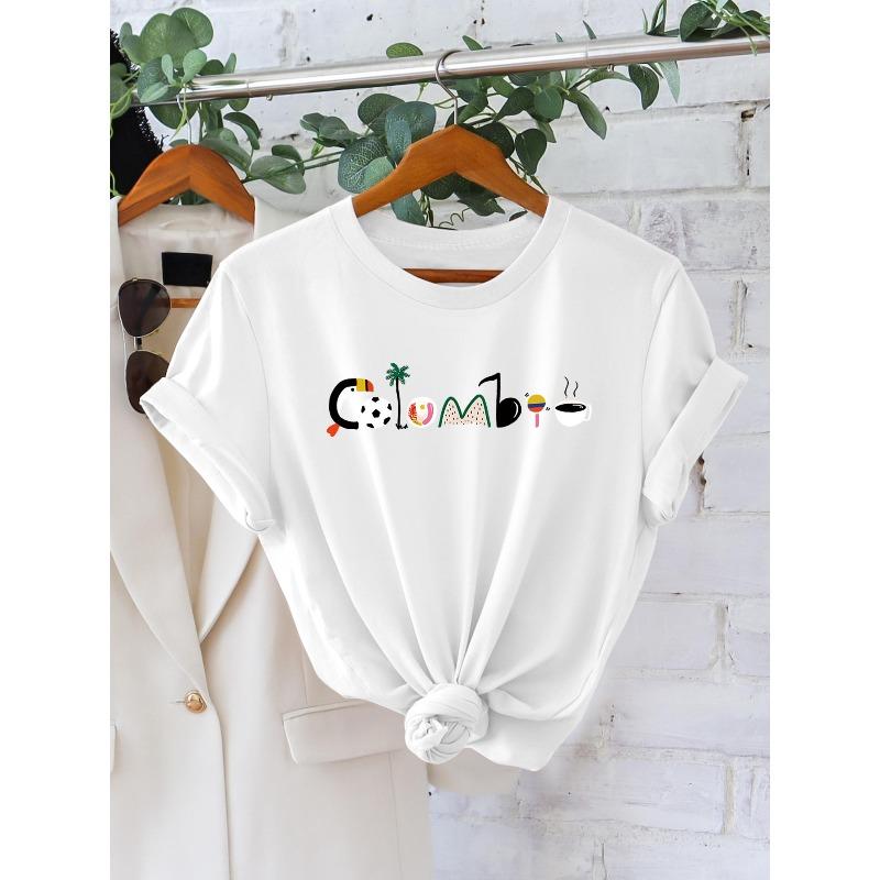 

Women S Casual Colombia Graphic T-Shirt - Short Sleeve, Round Neck, Colorful Letter Print with Palm Tree & Coffee Cup Design, Spring/Summer Style, S белый
