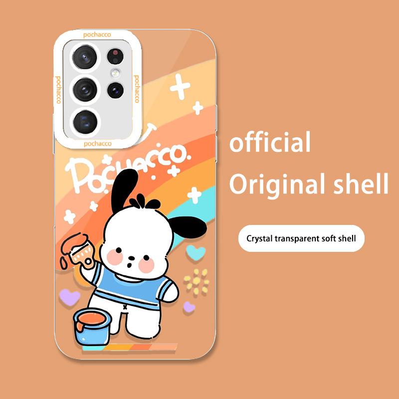 Samsung A31/A32/S23 Transparent Phone Case with Rainbow Pacha Dog & Angel Eye Design for Full Lens Cover Protection.