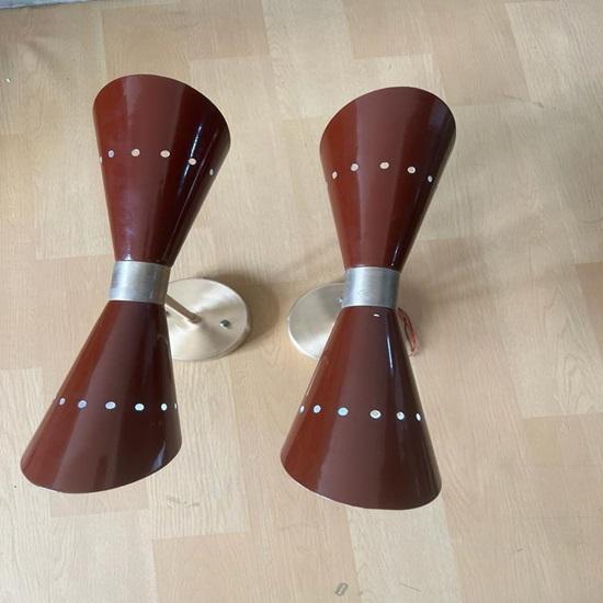 Set of 2 Mid Century Modern Brass Diabolo Wall Sconce Italian Stilnovo Double Cone Sconces Elegant Brass Wall Lamps Bathroom Vanity Light Bedside