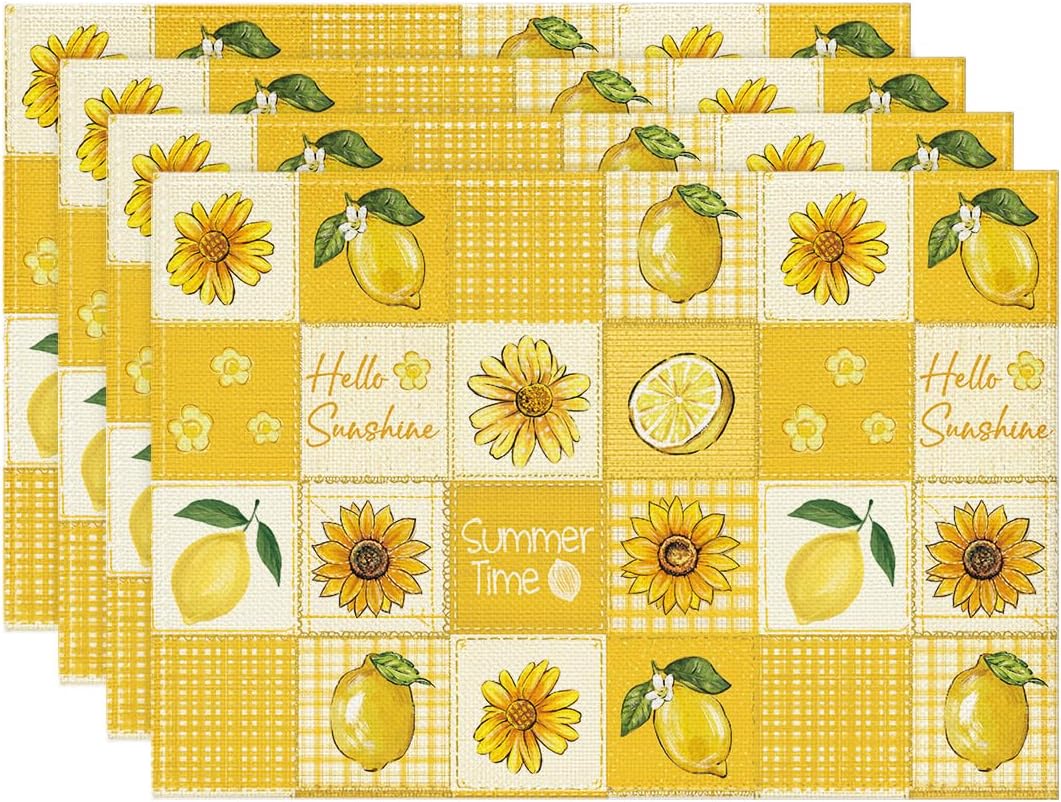 

Plaid Lemon Sunflower Summer Placemats Set of 4, 12x18 Inch Hello Sunshine Table Mats for Party Kitchen Dining Decoration 4pcs-12x18