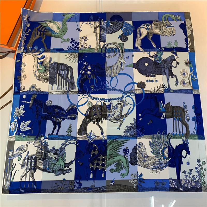 Luxury  Twill Silk Large Scarf Women Handmade Curling Horse Rider Animal Female Twill Square Shawl Fashionbelt Squarescarve