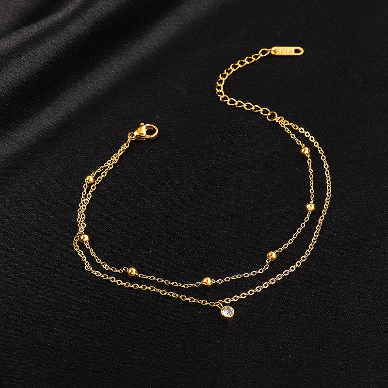 Kuziduocai 100% Stainless Steel New Fashion Jewelry 18K Gold-plated Minimalism 2-Layer Beading Zircon Charm Women Anklet Chain