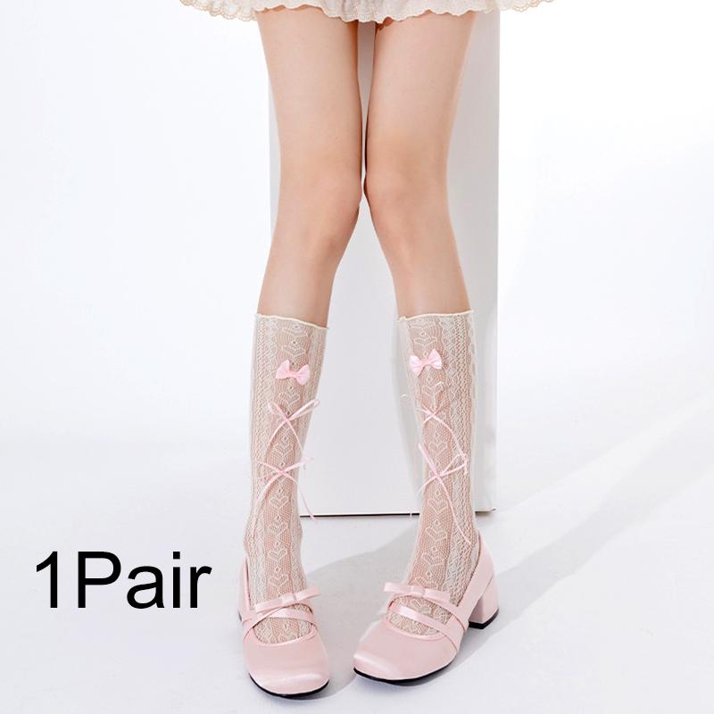1Pair Lace Stockings Fairyism Sweat Absorption Sweet Middle Cylinder Korean Series Transparent Pile Socks Butterfly Knot