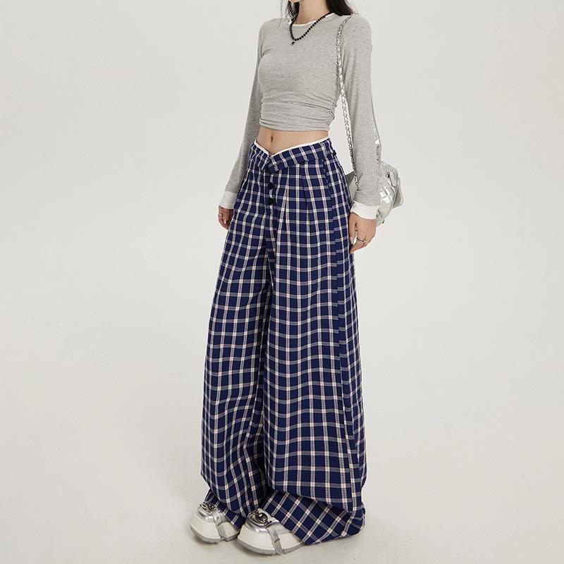 Women's High Waist Plaid Wide-Leg Casual Pants - Autumn Button-Down Style