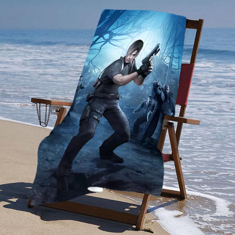 proof beach towel with a Resident Evil Leon S. Kennedy2 pattern - soft,absorbent,quick-drying,machine washable - perfect for swimming,camping,bathing