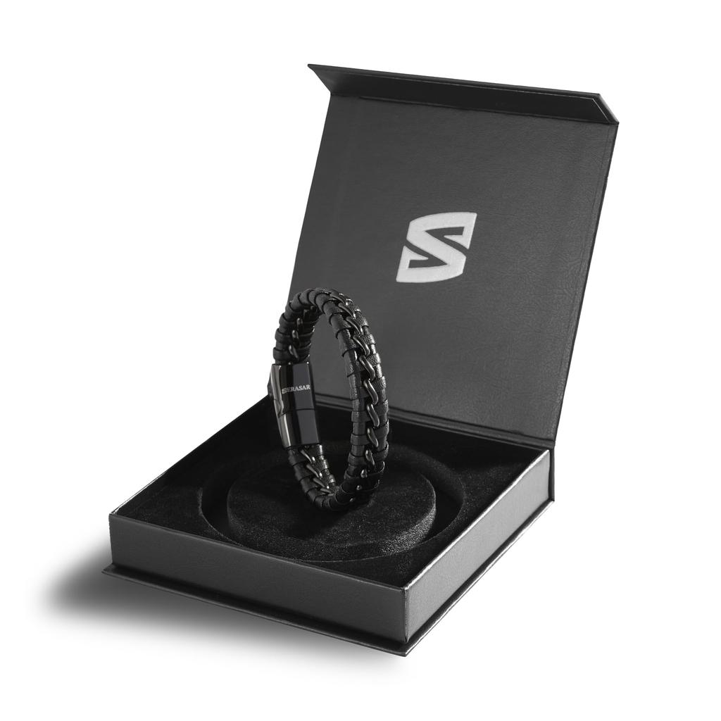 Leather Bracelet Black 17cm Men Gift Box Genuine Braided Cowhide Adjustable Magnetic Clasp Jewelry Rope for Men Boys Band Magnetic Accessories