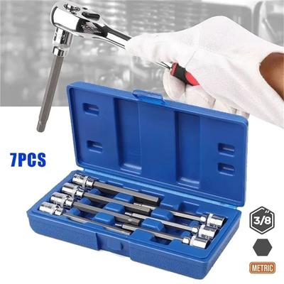 Set 7 pz Bussole Esagonali Allen Extra Lunghe Attacco 3/8" 3-10mm Adattatore per Impulsi Chiave Allen Set di Bussole Utensili Manuali per Automobili Con Custodia