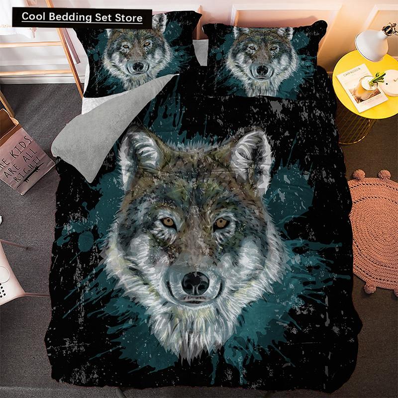 Bettwäscheset mit Weißwolf-Muster Tier Bettbezug Queen King Full Size Bettwäscheset Herren Weiche Polyester Bettdeckenbezug Schwarz Grau
