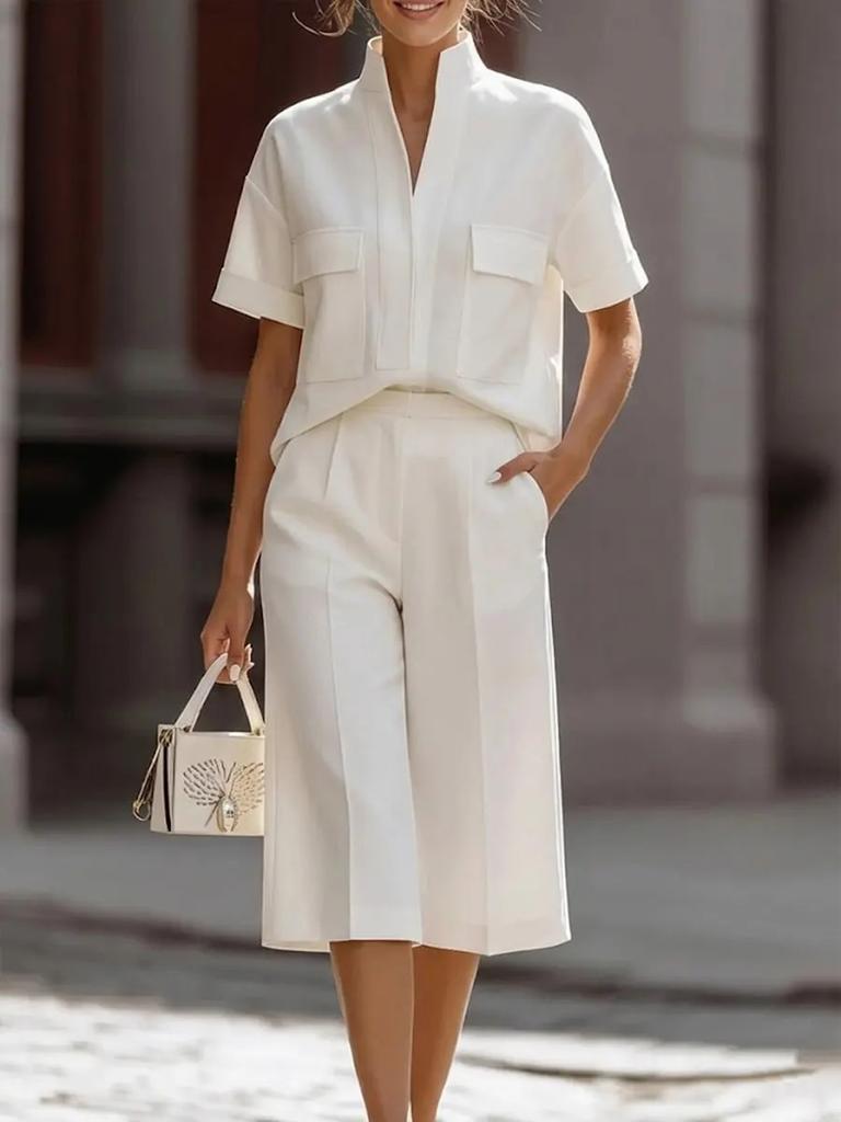 White Short Sleeve V Neck Pocket Top and Wide Leg Mid-Cropped Pants Two Piece Set