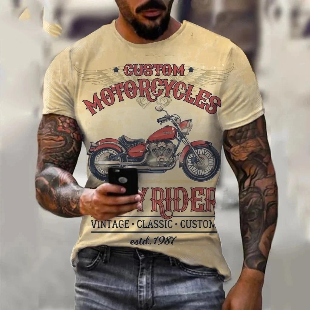 Summer Motorcycle Print Men's T-shirts Hip Hop Skulls Motor Streetwear Loose Short Sleeve Tops Punk Tee Shirts Men Clothing 6XL