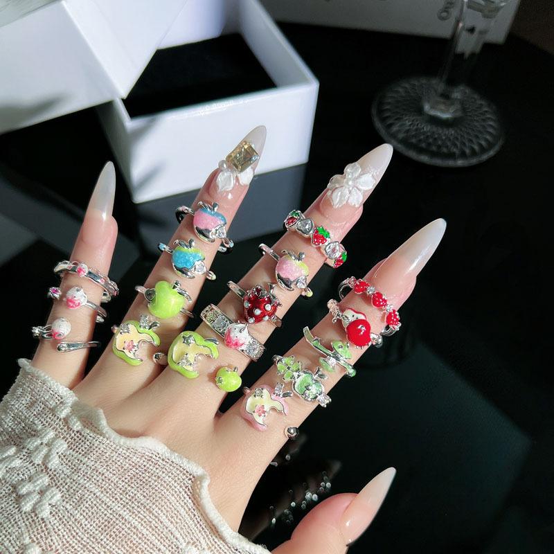 Super Sweet Apple Strawberry Fruit Enamel Open Ring Niche Design Cute Sweet‑Cool Adjustable Stack‑Wear Index‑Finger Trend Jewelry