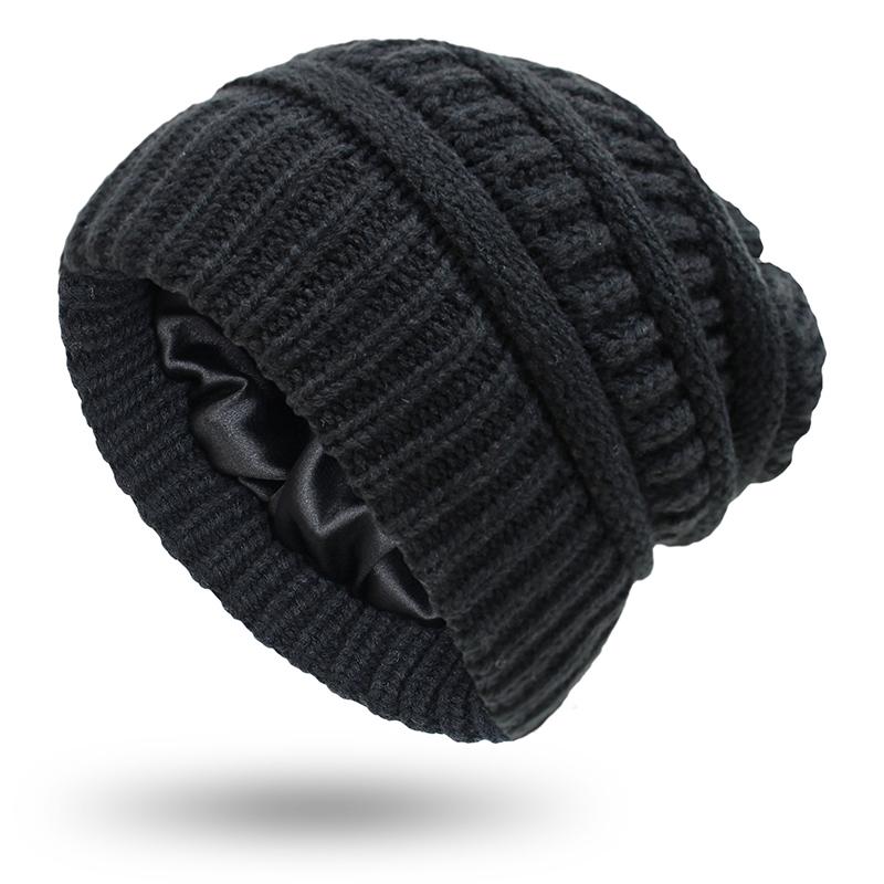 Wholesale Stock Fashion Satin Lined Winter Hats Fashion Warm Knit Satin Lined Beanie Hats Women Adult Size