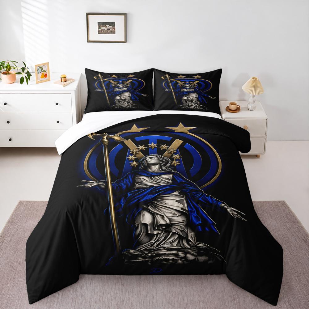 3 Piece Bedding Set Inter Milan Female Guardian Statue Golden Spear Blue Scarf Two Stars FC Logo Religious Style Art Print for Men Fan Gift