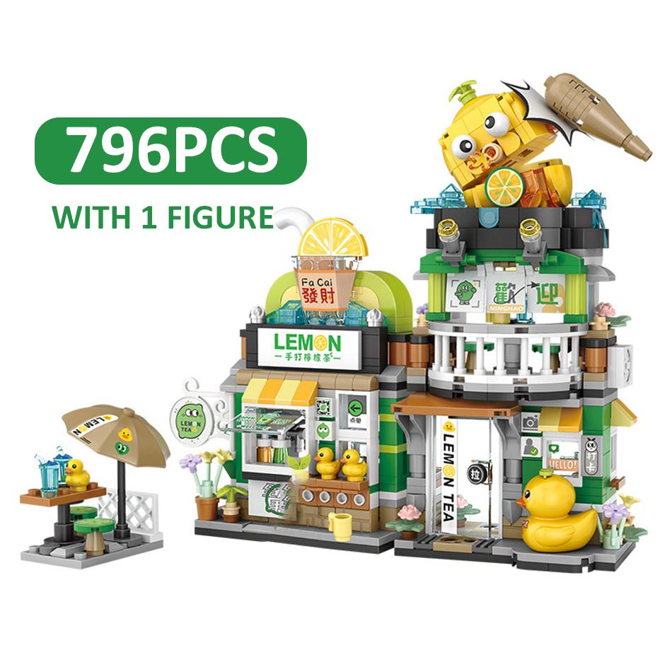 HUIQIBAO City Mini Street View Panda Tea House Model Building Blocks DIY Little Bear Coffee Shop Bricks Toys for Children Adult