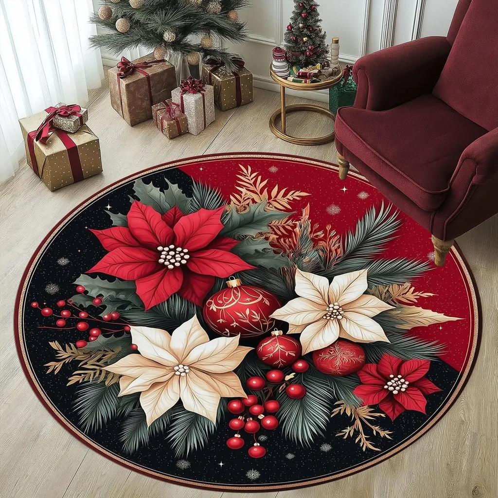 Weihnachts-Poinsettia Blumenmuster Runder Teppich Rutschfeste Stuhlunterlage für Wohnzimmer, Schlafzimmer Dekor Weicher Teppich