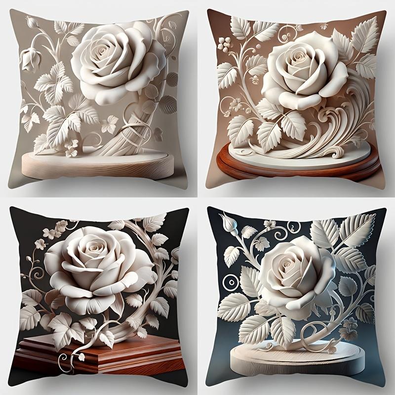 Exquisite Fashion Items Unisex 3D Effect Rose Sculpture Pattern Decorative Throw Pillow Cover 2D Printed Polyester Sofa Cushion Case For Elegant Home Decor