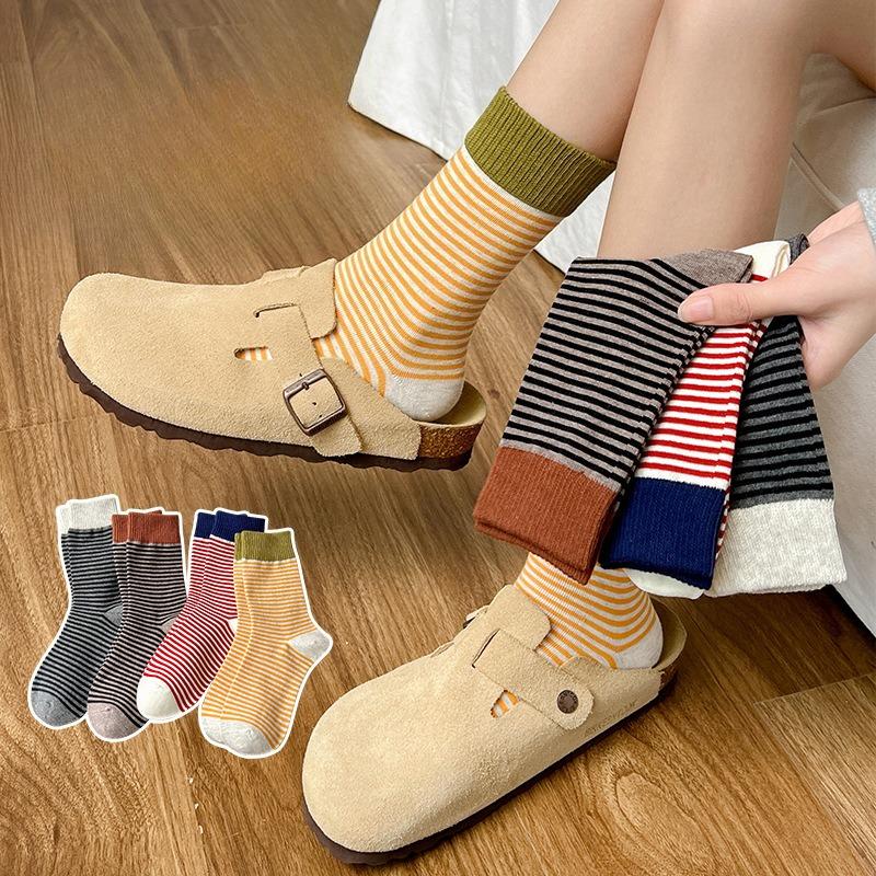 Women's Spring and Summer Striped Thickened Warm Mid-calf Socks, Trendy and Versatile Pile Socks, Anti-odor Cotton Socks