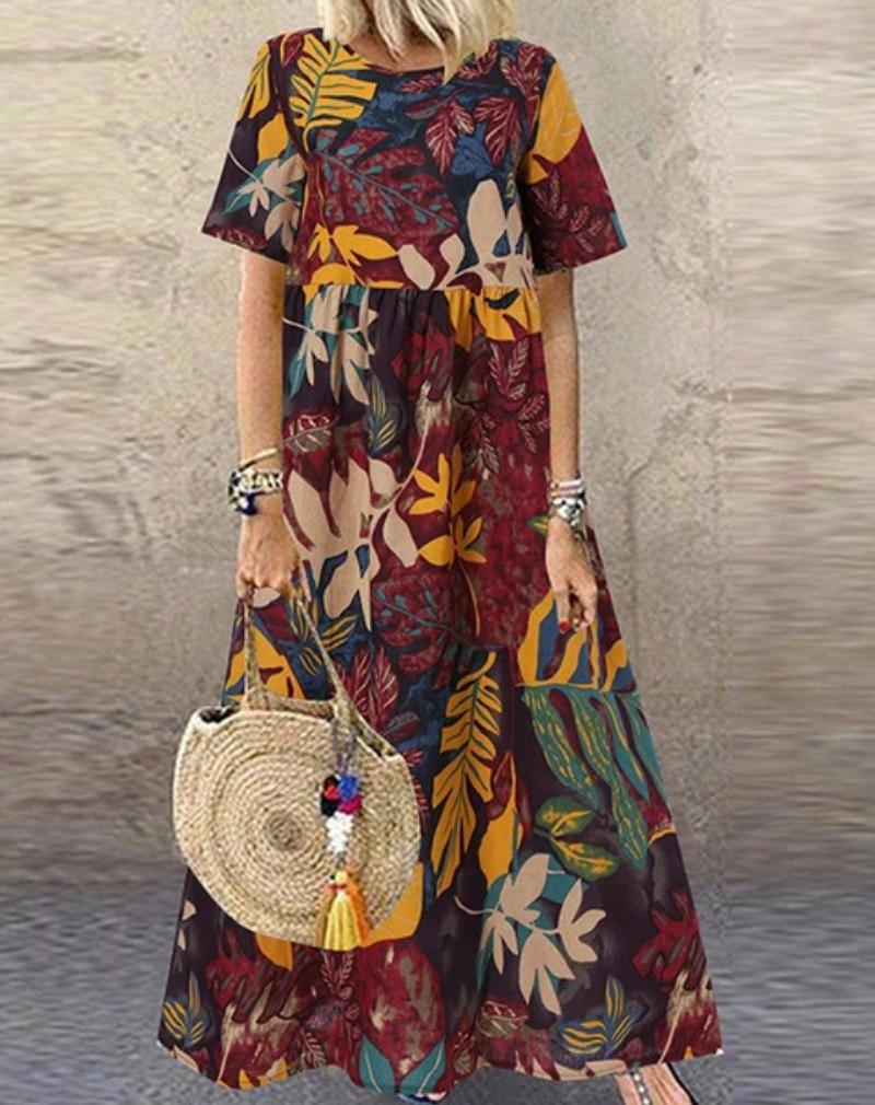 Plus Size Summer Loose Long Sleeve Round Neck Floral Print Casual Women's Holiday Beach Dress Vintage Style Maxi Dress