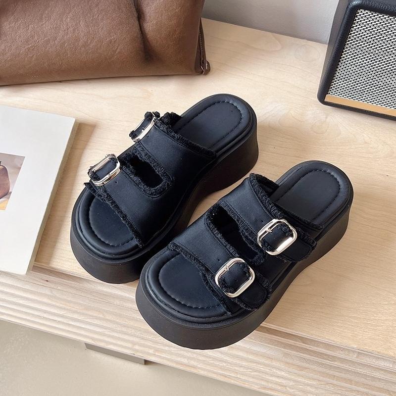 Fashion Platform Flip-flops Women's Summer Wear New Fashion Round Head Open Toe Metal Buckle Heightened Non-slip Cool Mop