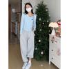Design Embroidered Shirt Women's Top Spring Neck Waist Pleated Long Sleeve Inside Milk Blue Bottom Shirt