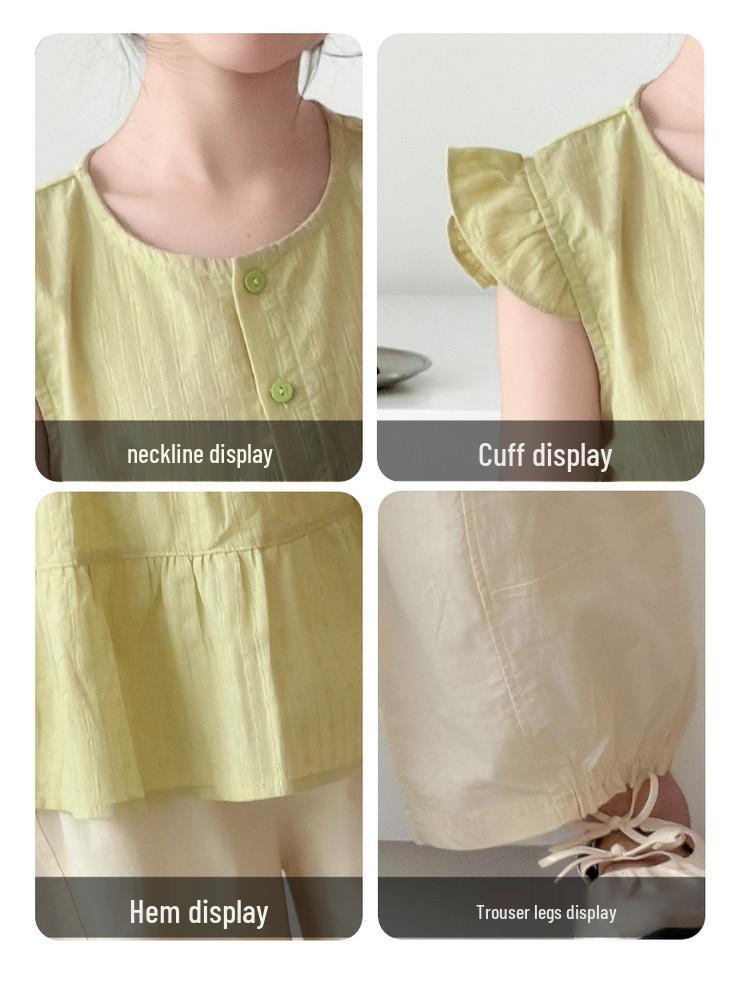Summer 2026 Korean Chic Girls' Flutter Sleeve Vest & Wide-Leg Pants Two-Piece Set