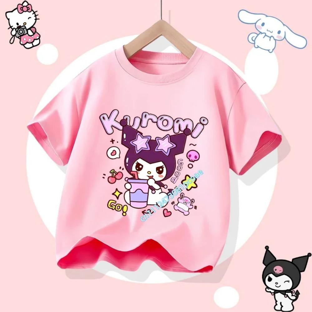 2026 Summer New Soft Cute Kuromi Cartoon Printed Children's T-shirt Loose Casual Round Neck Parent-child Outfit Short Sleeved