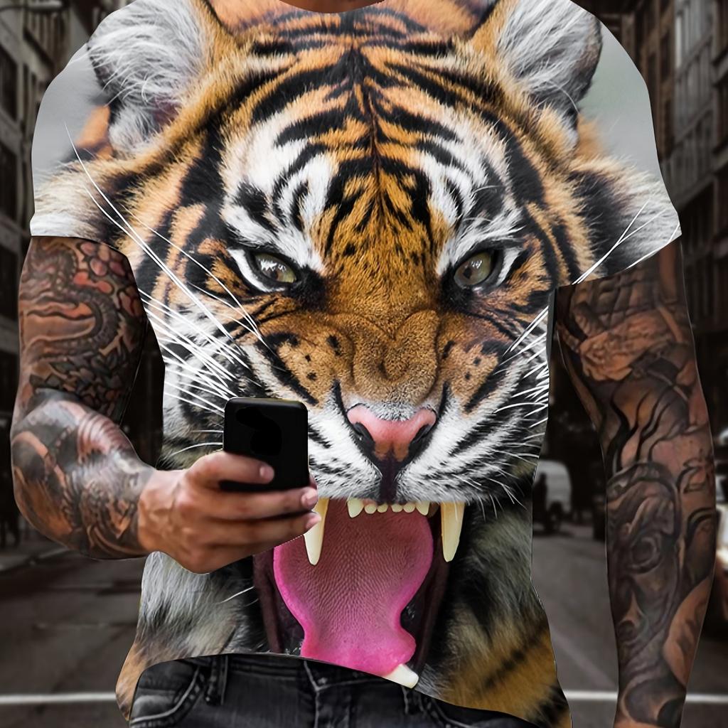 Tiger Pattern 3D Printed Crew Neck Short Sleeve T-shirt For Men, Casual Summer T-Shirt For Daily Wear