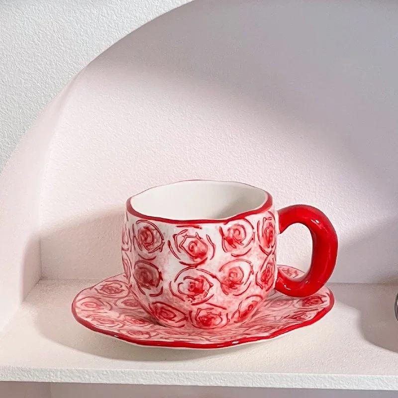 

340ML Ceramic Coffe Mug Hand Pinched Irregular Hand-painted Red Love Heart Pattern Coffee Cup with Saucer Office Water Cup Gift ярко-розовый