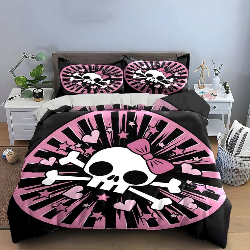 Pink Skull-Themed Modern Decor Set  Kid'S And Adults' Bedroom Decor, Exquisite Three-Piece Bedding Set Gift